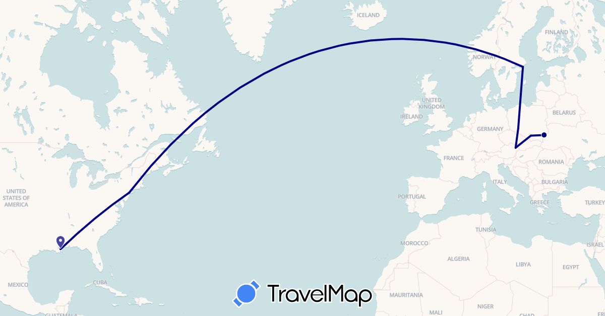 TravelMap itinerary: driving in Austria, Poland, Sweden, United States (Europe, North America)